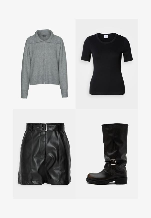 Blød grå cardigan med lynlås, bred ribstrikket krave, kant og manchetter, med lange ærmer og en afslappet pasform.; Sort t-shirt med korte ærmer fremstillet af blød bomuld. Har rund halsudskæring og en tætsiddende pasform med minimale syningsdetaljer.; Sorte lædershorts med en glat overflade, høj talje og et bredt bælte med en rektangulær sølvspænde. Plisseret design foran.; Høj sort læderstøvle med rund tå, lav hæl, sidelukningsrem og let slapt skaft på hvid baggrund.