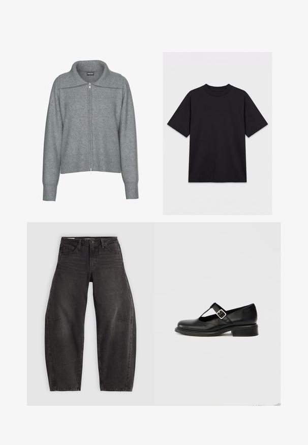 Zachte grijze cardigan met ritssluiting, ribgebreide brede kraag, zoom en manchetten, met lange mouwen en een losse pasvorm.; Zwart T-shirt met korte mouwen en ronde hals, plat gelegd op een witte achtergrond, vooraanzicht zonder zichtbare logo's of ontwerpen.; Zwarte denim jeans met een relaxed fit, voorzien van vijf zakken, een knoopsluiting en subtiele vervaging. De stof heeft een soepele, stevige textuur.; Zwarte leren Mary Jane schoen met een ronde neus, T-band ontwerp, verstelbare gesp en een laag gestapeld hakje. Gladde textuur met minimale details.