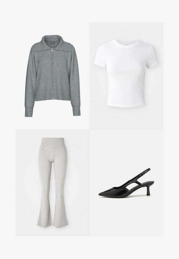 Sanfter grauer Reißverschluss-Cardigan mit breitem, geripptem Kragen, Saum und Bündchen, mit langen Ärmeln und lässiger Passform.; Weißes, kurzärmeliges, cropped T-Shirt mit Rundhalsausschnitt, auf einem neutralen, hellen Hintergrund präsentiert.; Graue, ausgestellte Leggings aus weichem Material, mit einem elastischen Bund und einer glatten Textur, die am Saum zur Ausstülpung hin auslaufen.; Schwarze Slingback-Absätze mit spitzer Zehenpartie, aus glänzendem Material gefertigt, mit ausgeschnittenen Akzenten und einem moderaten Absatz für Unterstützung.