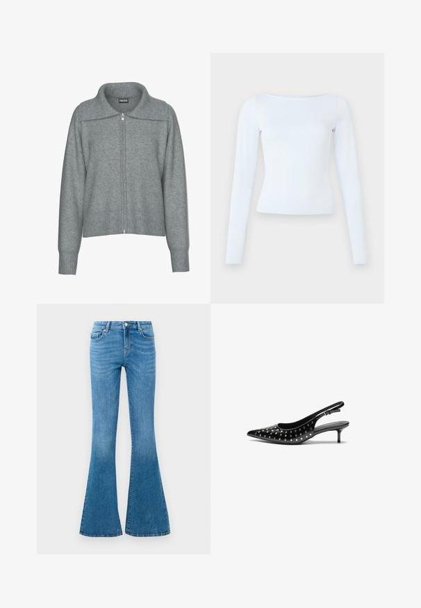 Cárdigan gris suave con cremallera, cuello ancho, dobladillo y puños acanalados, con mangas largas y un ajuste relajado.; Camiseta ajustada de manga larga en un tono azul claro con escote barco y un diseño simple y limpio sobre un fondo liso.; Jeans de mezclilla azul acampanados con una cintura de media altura, que cuentan con cinco bolsillos, un cierre de botón estándar y un ligero desgastado para dar textura.; Zapatos de tacón slingback de cuero negro con punta afilada y tacón pequeño. Decorados con tachuelas metálicas a lo largo del empeine para añadir textura.
