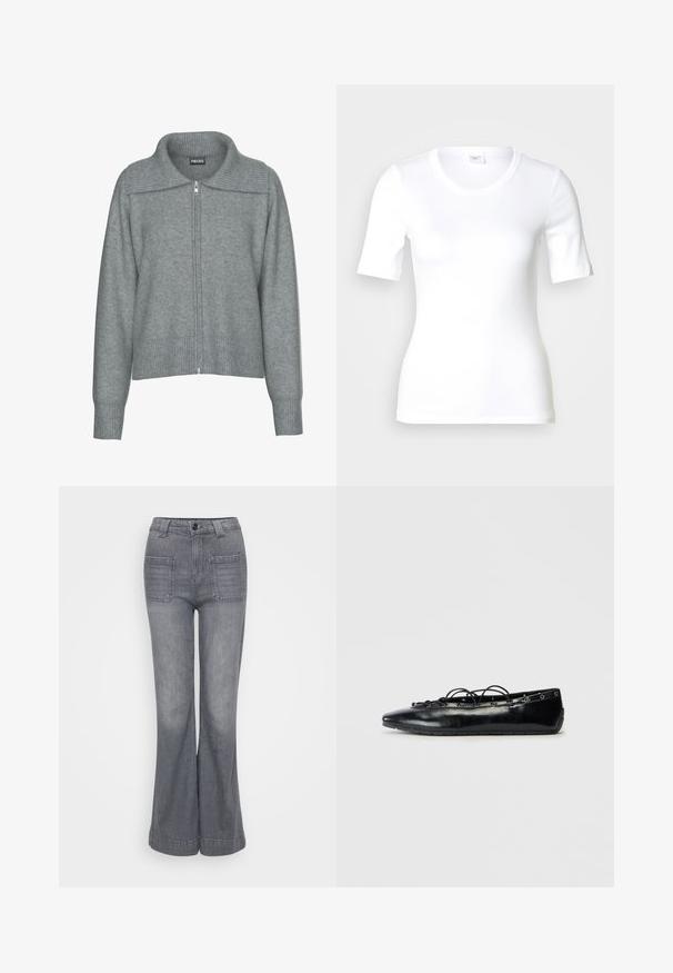 Cardigan gris doux à fermeture éclair avec col large côtelé, ourlet et poignets, doté de manches longues et d'une coupe décontractée.; T-shirt blanc à manches courtes en coton lisse, doté d'un col rond et d'une coupe ajustée. Design classique, sans motifs ni accents.; Jean grisonnant évasé en denim avec une ceinture structurée, fermeture à bouton à l'avant et deux poches plaquées à l'arrière. Texture lisse et lavage léger.; Bottine plate noire à bout pointu avec un laçage à l'avant et des œillets le long des bords, présentée sur un fond blanc.