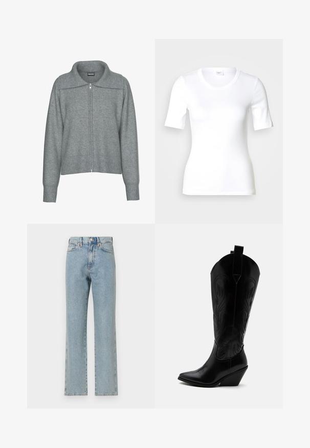 Cárdigan gris suave con cremallera, cuello ancho, dobladillo y puños acanalados, con mangas largas y un ajuste relajado.; Camiseta blanca de manga corta hecha de algodón liso, con escote redondo y forma ajustada. Diseño clásico, sin estampados ni adornos.; Jeans de mezclilla azul claro con diseño de pierna recta, cinco bolsillos, cierre de botón y textura sutil. Sin desgastes ni patrones visibles.; Bota de vaquero de cuero negro con punta puntiaguda, tacón bloqueado inclinado, costuras decorativas y lengüetas en la parte superior sobre fondo blanco.