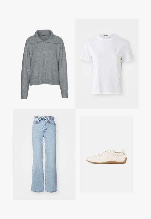 Cárdigan gris suave con cremallera, cuello ancho, dobladillo y puños acanalados, con mangas largas y un ajuste relajado.; Camiseta blanca de manga corta hecha de una tela suave. Cuenta con un escote redondo y un corte recto, con una etiqueta en el cuello interior.; Vaqueros de mezclilla azul claro con un diseño de pierna ancha, cintura alta y cierre con cordón. Presentan un acabado texturizado y dobladillo sin terminar.; Zapatilla deportiva de cuero blanco con textura suave, punta redondeada y costuras tono sobre tono. Cuenta con una suela de goma color cuero y cierre de cordones.