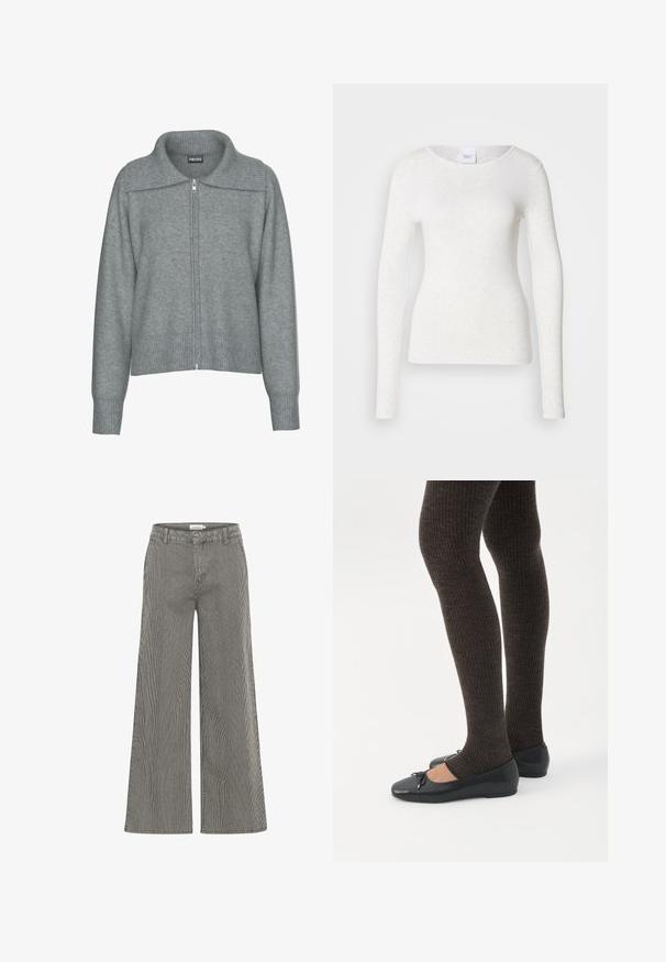 Cárdigan gris suave con cremallera, cuello ancho, dobladillo y puños acanalados, con mangas largas y un ajuste relajado.; Camiseta blanca de manga larga en un tejido suave y ligero con escote redondo y ajuste slim, con una textura sutil.; Pantalones de pierna ancha a rayas blancas y negras con cintura alta, que cuentan con trabillas para cinturón y una textura suave. Aptos para uso casual o formal.; Piernas con leggings oscuros acanalados combinados con bailarinas negras que presentan pequeños detalles de lazo sobre un fondo blanco.