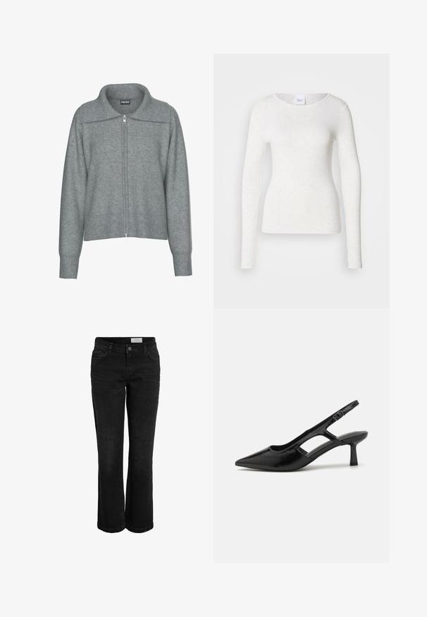 Sanfter grauer Reißverschluss-Cardigan mit breitem, geripptem Kragen, Saum und Bündchen, mit langen Ärmeln und lässiger Passform.; Weißes Langarm-T-Shirt aus weichem, leichtem Stoff mit rundem Ausschnitt und schlanker Passform, das eine dezente Textur aufweist.; Schwarze Jeans aus Denim mit schmaler Flared-Form, fünf Taschen und einem Knopfverschluss. Verfügt über dezente Nähte und einen klassischen Bund.; Schwarze Slingback-Absätze mit spitzer Zehenpartie, aus glänzendem Material gefertigt, mit ausgeschnittenen Akzenten und einem moderaten Absatz für Unterstützung.
