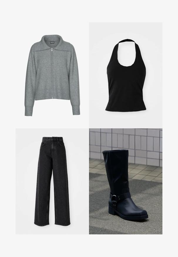 Zachte grijze cardigan met ritssluiting, ribgebreide brede kraag, zoom en manchetten, met lange mouwen en een losse pasvorm.; Zwarte haltertop gemaakt van zacht materiaal, met een ronde hals en een getailleerde pasvorm, voorzien van een gladde textuur en zonder zichtbare patronen.; Zwarte high-waisted wide-leg jeans van denim, met een klassiek vijf-pocket ontwerp en subtiele stikdetails.; Zwarte leren kuitlaars met een lage blokhak en een decoratieve riem met metalen gesp rond de enkel, op een betegeld trottoir.