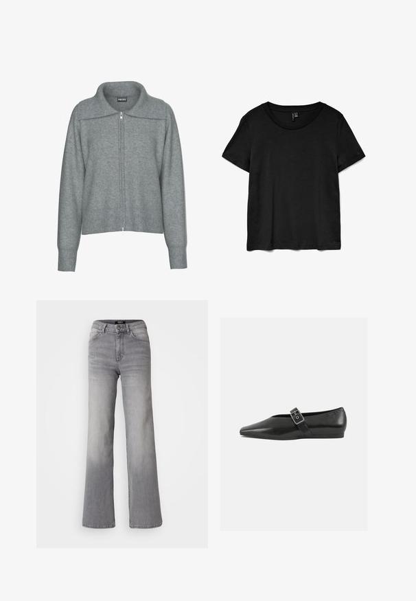 Sanfter grauer Reißverschluss-Cardigan mit breitem, geripptem Kragen, Saum und Bündchen, mit langen Ärmeln und lässiger Passform.; Schwarzes Kurzarm-T-Shirt aus weichem Stoff. Verfügt über einen klassischen Rundhalsausschnitt und einen lockeren Schnitt mit geradem Saum.; Hochtaillierte graue Denim-Jeans mit geradem Bein, Frontknopf und Reißverschluss, Vorder- und Gesäßtaschen sowie ausgewaschenen Schattierungen an Oberschenkeln und Waden.; Schwarze Lederflachschuhe mit spitzem Zehenbereich, ausgestattet mit einem metallischen Riemen über dem Spann und einer niedrigen, flexiblen Sohle.