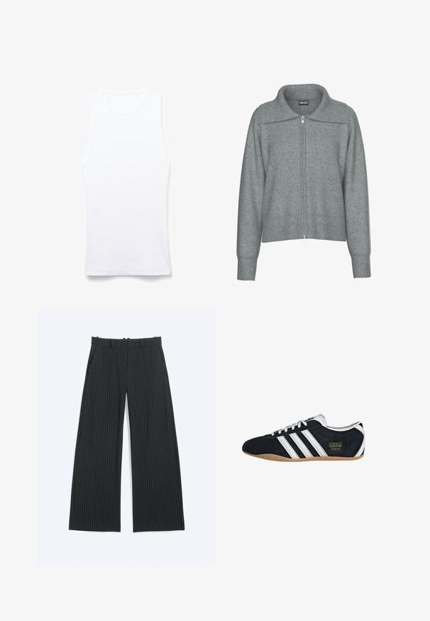 Cardigan gris doux à fermeture éclair avec col large côtelé, ourlet et poignets, doté de manches longues et d'une coupe décontractée.; Débardeur blanc sans manches en tissu côtelé. Dispose d'un col rond et de coutures plates. Design simple, sans motifs ni embellissements.; Pantalon large noir à fines rayures blanches, avec passants de ceinture, poches avant et fermeture avant dissimulée.; Sneakers en suede noir avec trois bandes blanches, logo doré et semelle en caoutchouc marron. Présente un design à lacets à profil bas.