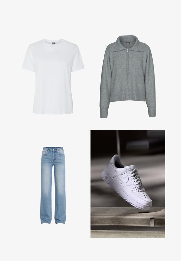 Blød grå cardigan med lynlås, bred ribstrikket krave, kant og manchetter, med lange ærmer og en afslappet pasform.; Hvid bomulds T-shirt med korte ærmer og rund halsudskæring. Glat tekstur, afslappet pasform og ingen synlige mønstre eller detaljer.; Lyseblå, højtaljede jeans med lige ben, forlommer, bæltestropper, knaplukning og falmede detaljer på lår og knæ.; Hvid Nike Air Force 1 sneaker svævende over en betonoverflade med skygger i et minimalistisk miljø.
