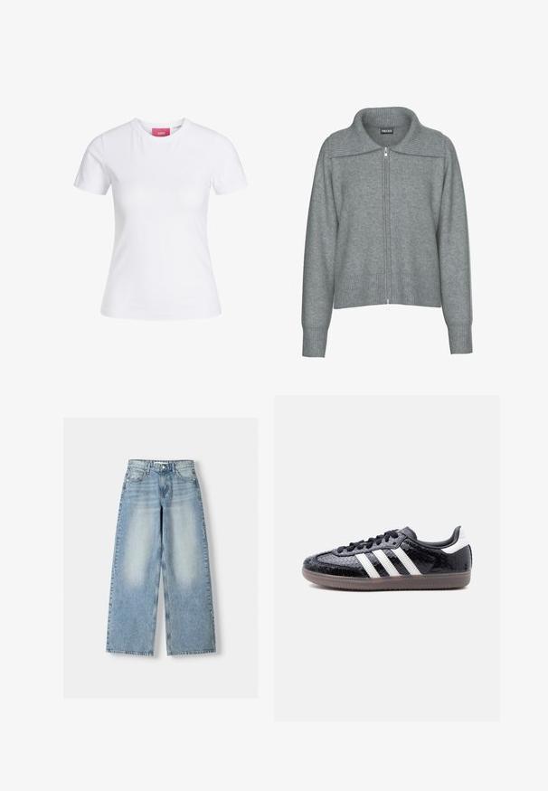 Blød grå cardigan med lynlås, bred ribstrikket krave, kant og manchetter, med lange ærmer og en afslappet pasform.; Hvid slimfit t-shirt med korte ærmer og rund halsudskæring med en lyserød JJXX-label indeni kraven, vist mod en ensfarvet baggrund.; Lysblå denim wide-leg jeans med høj talje, der har en bleg finish, fem lommer og en lige pasform.; Lavprofils sort sneaker med tekstureret slangeskindsmønster, hvide striber på siden, sorte snørebånd og en gennemsigtig brun sål.