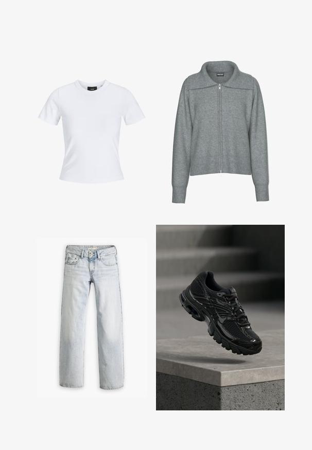 Blød grå cardigan med lynlås, bred ribstrikket krave, kant og manchetter, med lange ærmer og en afslappet pasform.; Hvid tætsiddende t-shirt med korte ærmer, rund halsudskæring og et lille sort mærke indeni kraven.; Lyseblå denimjeans med en afslappet pasform, høj talje og fem-lomme design. Har syning detaljer og knaplukning.; Sort Nike løbesko med mesh og syntetisk overdel, der svæver over en betonoverflade og trin i baggrunden.