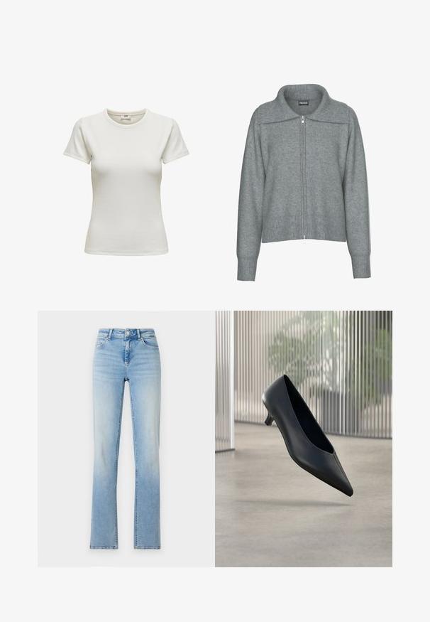 Cardigan gris doux à fermeture éclair avec col large côtelé, ourlet et poignets, doté de manches longues et d'une coupe décontractée.; T-shirt blanc à manches courtes avec un col rond, en tissu côtelé. Texture lisse et coupe ajustée. Étiquette visible à l'intérieur du col.; Jean en denim bleu clair avec une taille haute, une coupe droite et des dégradés subtils. Dispose de cinq poches et de passants de ceinture.; Chaussure noire à talon kitten à bout pointu flottant au-dessus d'un sol en béton lisse avec des panneaux translucides verticaux en arrière-plan.