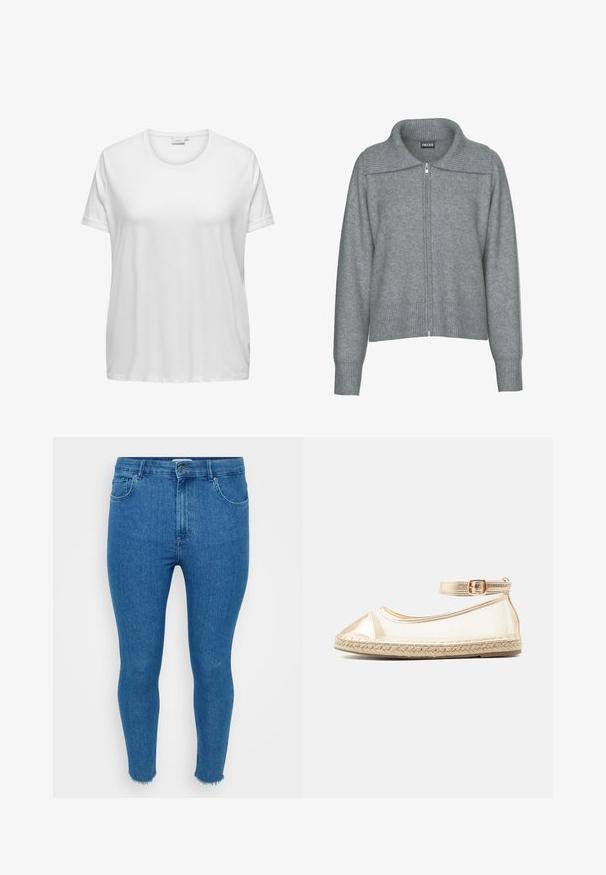 Cárdigan gris suave con cremallera, cuello ancho, dobladillo y puños acanalados, con mangas largas y un ajuste relajado.; Camiseta de algodón blanca con escote redondo y mangas cortas. Corte relajado con una textura suave y sin patrones ni acentos visibles.; Jeans pitillo de mezclilla azul con cintura alta, diseño de cinco bolsillos y dobladillo sin rematar. El material parece liso con un ligero desgaste en los muslos.; Zapato plano tipo espadrille con suela beige tejida, cuerpo transparente, puntera metálica dorada y correa dorada para el tobillo con hebilla.