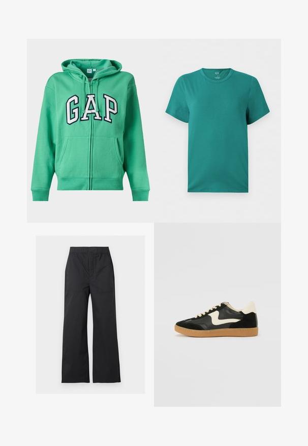 Sweat à capuche zippé vert avec poches avant et logo "GAP" en grandes lettres blanches entourées de noir sur la poitrine.; T-shirt uni turquoise à manches courtes et col rond, design simple avec coutures visibles aux manches et à l'ourlet, présenté sur fond blanc.; Pantalon noir à jambes larges avec taille élastique et poches plaquées à l'avant, présenté sur un fond gris clair.; Baskets en daim et cuir noir avec un swoosh latéral crème et un talon crème clair. Dotées de lacets beige et d'une semelle en caoutchouc gomme.