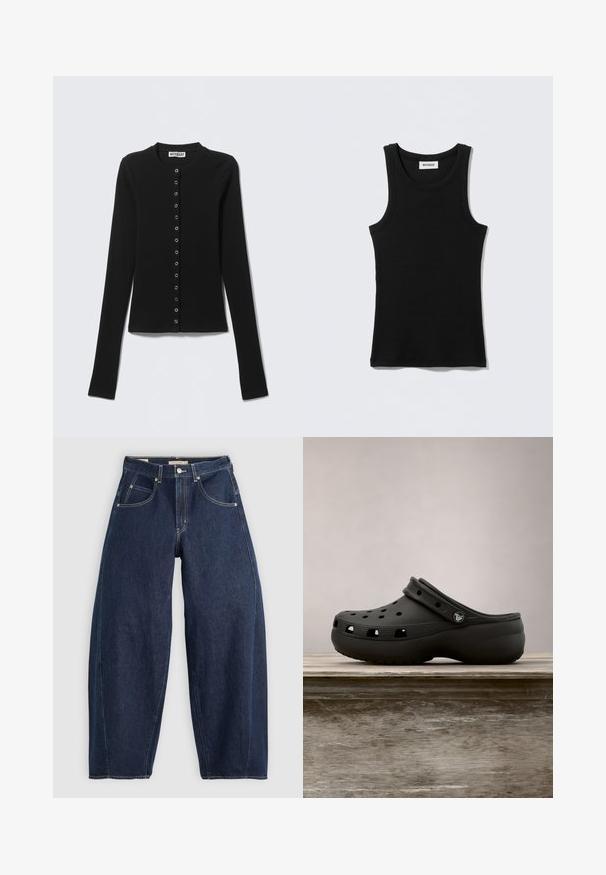 Cárdigan negro de manga larga con tejido acanalado, cuello redondo y botones de presión plateados en la parte delantera, marca Weekday.; Camiseta sin mangas negra de algodón, con escote redondo y tirantes estrechos. Diseño sencillo, sin patrones ni detalles visibles.; Jeans de mezclilla azul oscuro con un ajuste holgado, costuras claras, cinco bolsillos y un cierre de botón en la cintura.; Zueco de goma negro con agujeros de ventilación, tacón elevado, correa trasera y suela texturizada. Acabado liso con un diseño minimalista.