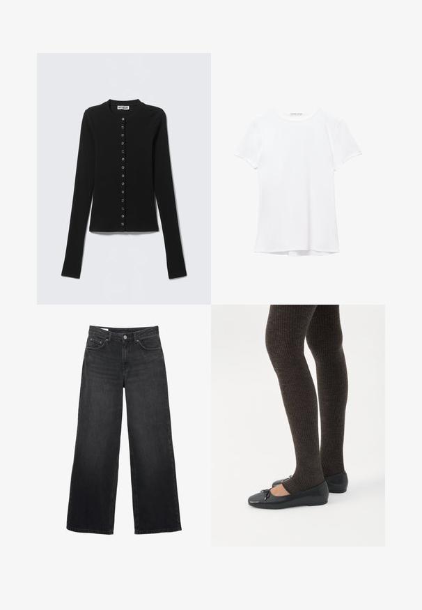 Zwarte geribbelde cardigan met lange mouwen, ronde halslijn en zilveren drukknoopjes aan de voorkant, merk Weekday.; Witte short-sleeve t-shirt van gladde stof, met een ronde halslijn en subtiele stiksels bij de zoom.; Zwarte jeans met brede pijpen, hoge taille, sluiting met knopen en rits aan de voorkant, riemlussen en een ontwerp met vijf zakken.; Benen met donkere geribbelde leggings gecombineerd met zwarte ballerina's met kleine strikdetails op een witte achtergrond.