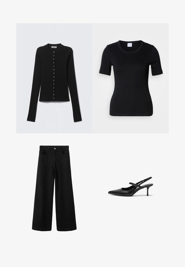 Cardigan noir côtelé à manches longues avec col rond et boutons-pression argentés sur le devant, marque Weekday.; T-shirt noir à manches courtes en coton doux. Il présente un col rond et une coupe ajustée avec des détails de couture minimalistes.; Pantalon large en denim noir à taille haute, doté de poches avant, d'une fermeture à boutons et d'une texture lisse sans usure apparente.; Talons aiguilles noires en cuir avec un bout pointu, une fine bride réglable, et un talon aiguille d'environ 5 cm, texture lisse.