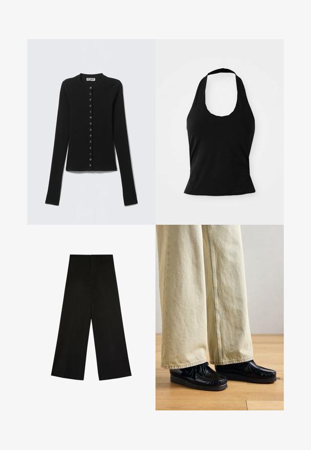 Schwarze, langärmelige, gerippte Strickjacke mit rundem Ausschnitt und silbernen Druckknöpfen vorne, Marke Weekday.; Schwarzes Halftertop aus weichem Stoff, mit einem U-Bootausschnitt und einer figurschmeichelnden Silhouette, glatter Textur und ohne sichtbare Muster.; Schwarze weit geschnittene Hose mit Knopf- und Reißverschluss, Gürtelschlaufen und vorderen Bügelfalten, flach auf weißem Hintergrund liegend.; Schwarze Lackleder-Schuhe mit einer strukturierten Plateausohle, ausgestattet mit einer Schnürung und gestickten Details. Getragen mit hellbeigen weiten Hosen.