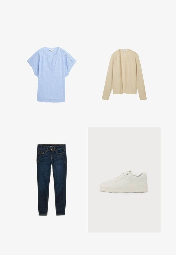 Beige cardigan lavet af tekstureret strikstof, med lange ærmer og åben frontdesign. Ingen lukninger eller udsmykninger er synlige.; Lys blå kortærmet skjorte i et åndbart stof, med v-halsudskæring og en subtil tekstureret mønster over hele. ; Mørkeblå denim jeans med slim fit, der har orange syninger, fem lommer og en knaplukning i taljen.; Hvide sneakers med en glat læderoverflade, rund tå, seks snørrehuller, polstret krave og struktureret gummisål. Diskret mærkelogo på siden.