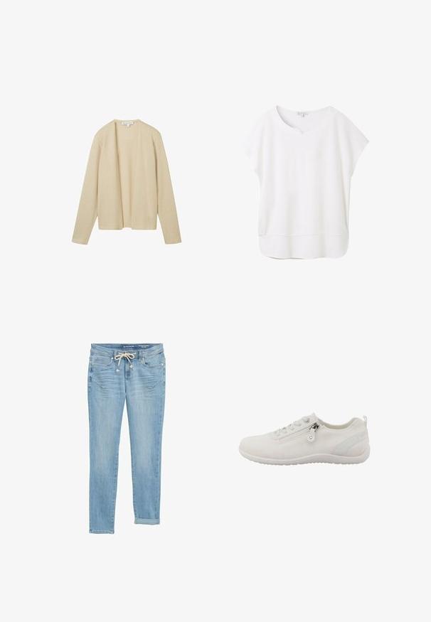 Beige cardigan lavet af tekstureret strikstof, med lange ærmer og åben frontdesign. Ingen lukninger eller udsmykninger er synlige.; Hvid kortærmet bluse lavet af blødt stof. Har en rund halsudskæring med en lille indsats og en let buet kant for en afslappet pasform.; Lys blå denim jeans med lige pasform, elastisk snøre i taljen, opretstående nederste kant og forlommer. Designet med diskret slid.; Hvid atletiksko lavet af åndbart mesh-materiale. Har lynlås, struktureret overdel og fleksibel gummisål.