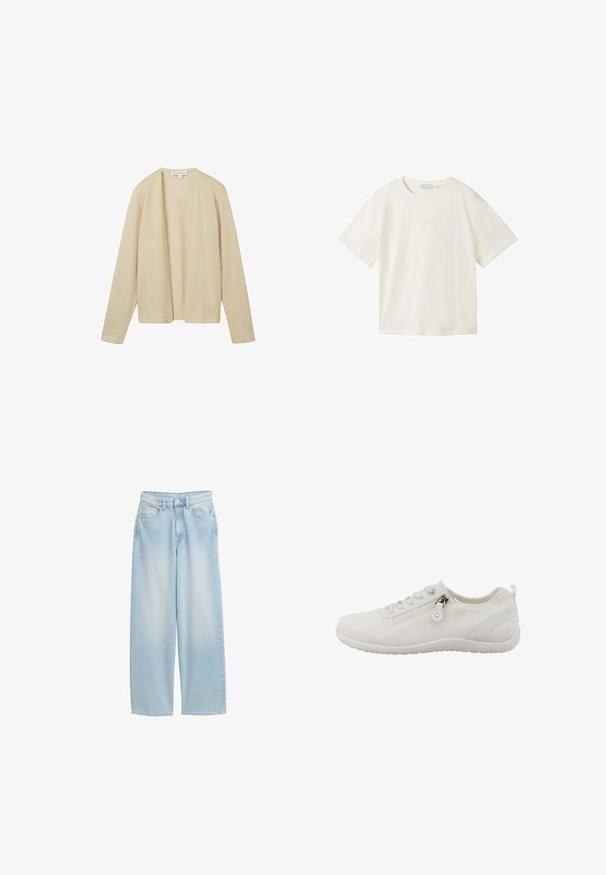 Beige cardigan gemaakt van textuurgebreide stof, met lange mouwen en een open voorkant ontwerp. Geen sluitingen of versieringen zichtbaar.; TOM TAILOR DENIM T-shirt basic - gardenia white; Lichtblauwe wijde spijkerbroek met hoge taille, knopen aan de voorkant, ritssluiting en vijf zakken.; Witte sportieve schoen van ademend gaasmateriaal. Voorzien van een ritssluiting, een gestructureerd bovendeel en een flexibele rubberen zool.