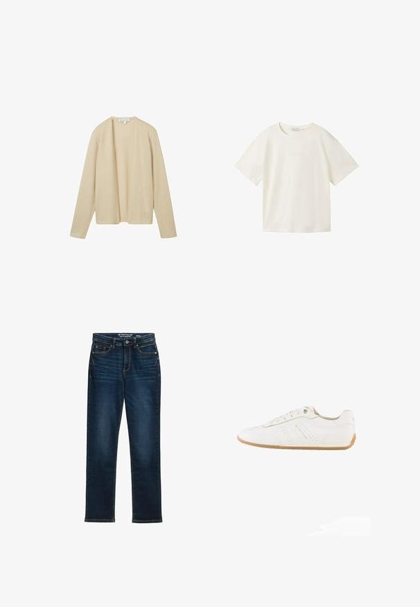 Beiger Cardigan aus strukturiertem Strickstoff, mit langen Ärmeln und offenem Vorderdesign. Keine sichtbaren Verschlüsse oder Verzierungen.; TOM TAILOR DENIM T-Shirt basic - gardenia white; Dunkelblaue gerade Jeans aus Denim, mit fünf Taschen, Metallknopfverschluss und Kontrastnähten. Keine sichtbaren Abnutzungen.; Weißer Sneaker in niedrigem Schnitt mit beiger Gummisohle, Schnürsenkeln, seitlichen Perforationsdetails und "Tom Tailor" Logo an der Seite.