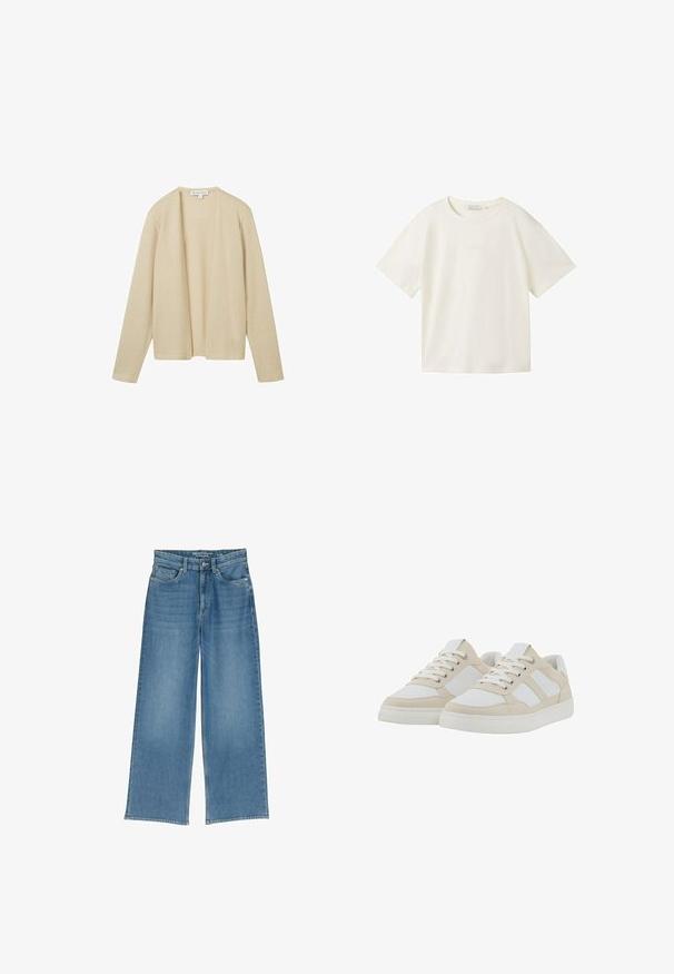 Beiger Cardigan aus strukturiertem Strickstoff, mit langen Ärmeln und offenem Vorderdesign. Keine sichtbaren Verschlüsse oder Verzierungen.; TOM TAILOR DENIM T-Shirt basic - gardenia white; Helle blaue weit geschnittene Denim-Jeans mit hoher Taille, fünf Taschen und sichtbaren Nähten; der Stoff hat eine leicht strukturierte Oberfläche.; Beige und weiße Sneaker mit strukturiertem Obermaterial, Schnürverschluss und gepolstertem Kragen. Mit drei weißen Streifen an der Seite und einer Gummisohle.