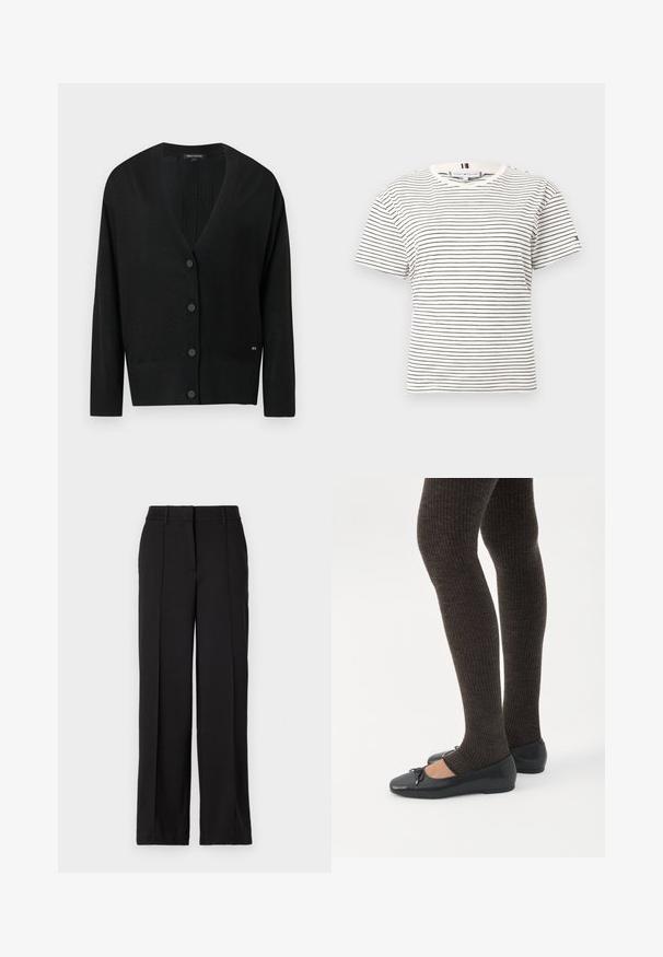 Sort strikket cardigan med V-hals, lange ærmer og knaplukning foran. Har ribbede kanter og en lille logoaccent på siden.; Hvid t-shirt med korte ærmer og rund hals, med tynde sorte horisontale striber og en lille logo på venstre ærme.; Sorte bukser med en lige ben design, der har to forreste folder, en talje og ingen synlige lommer eller dekorative elementer.; Ben iført mørke ribbede leggings kombineret med sorte balletsko med små sløjfedetaljer på hvid baggrund.
