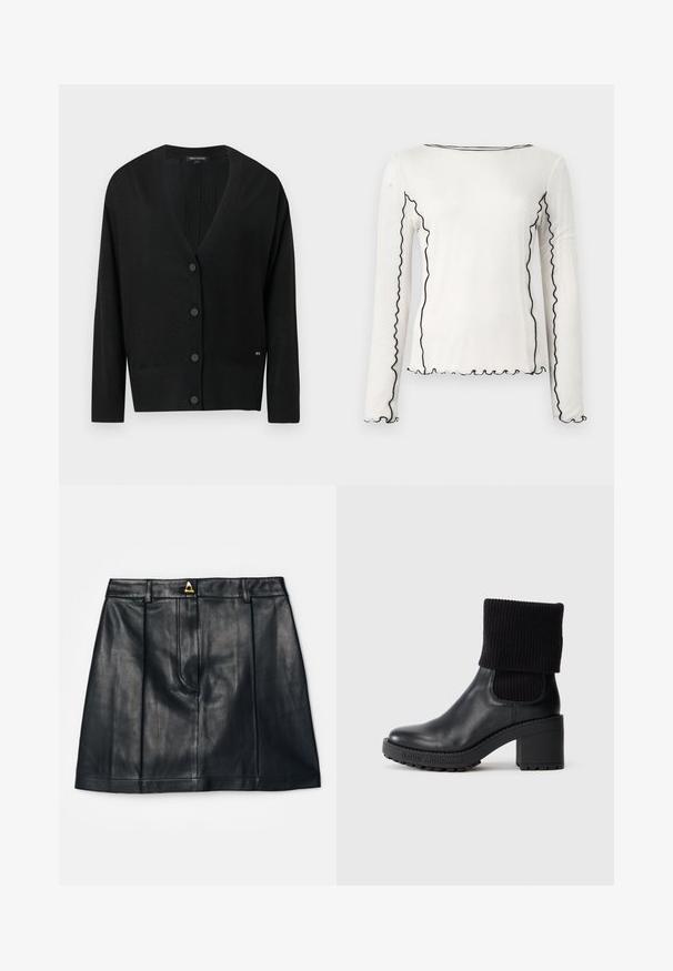 Cardigan noir en maille avec encolure en V, manches longues et fermeture boutonnée à l'avant. Comprend des bordures côtelées et un petit logo décoratif sur le côté.; Haut à manches longues en coton blanc avec bordure ondulée noire le long de l'encolure et des coutures, présentant une encolure ronde et une silhouette ajustée.; AERON RUDENS SKIRT - Jupe trapèze - black; Bottine en cuir noir avec une bordure en tricot noir côtelé, un talon épais et haut, et une semelle en caoutchouc texturée arborant le logo "LOVE MOSCHINO".