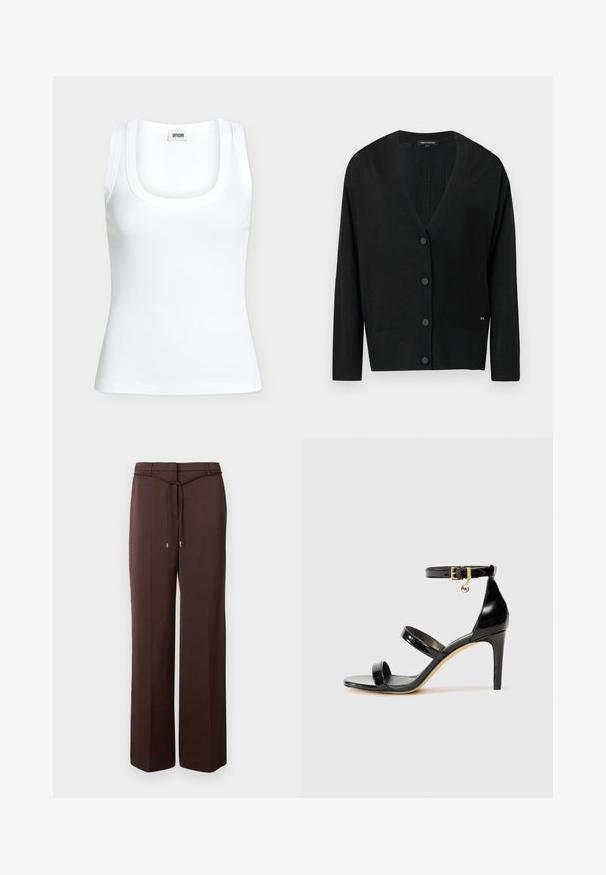 Cardigan noir en maille avec encolure en V, manches longues et fermeture boutonnée à l'avant. Comprend des bordures côtelées et un petit logo décoratif sur le côté.; Débardeur blanc côtelé sans manches avec un col rond et une étiquette de marque DRYKORN à l'intérieur du col arrière.; Pantalon marron à jambes larges avec une ceinture fine en tissu nouée à la taille et des extrémités métalliques, présenté sur un fond blanc uni.; Sandale en cuir verni noir avec trois brides, boucle de cheville et talon aiguille de 10 cm. Présente un détail en métal doré et un charm logo.