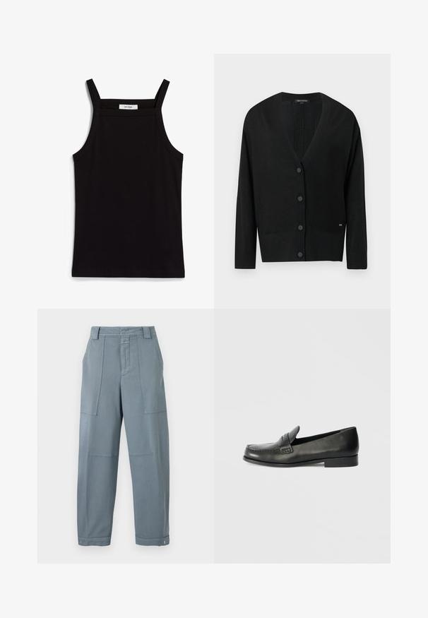 Sort strikket cardigan med V-hals, lange ærmer og knaplukning foran. Har ribbede kanter og en lille logoaccent på siden.; Sort tanktop med tynde spaghetti-stropper, lavet af et ribbet stof, med en lige skæring og et mærke ved halsudskæringen, der står "IVY OAK."; Blågrå bukser med lige ben, forlommer foran, bæltestropper, knaplukning i taljen og justerbare trykknapper ved anklerne.; Sorte læder loafers med en rund tå, forhøjede syningsdetaljer og en lav, stablet hæl. Glat tekstur med en subtil glans.