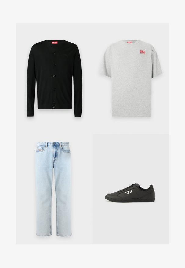 Zwarte lange mouwen cardigan met knopen en V-hals, met een klein geborduurd logo op de borst en een rood Diesel merklabel aan de binnenkant van de kraag.; Grijs katoenen T-shirt met een ronde hals en korte mouwen. Voorzien van een klein rood "DIESEL" logo op de borst. Soepele textuur.; Lichtblauwe denim jeans met een rechte pijp, vijf zakken en subtiele vervaging. Voorzien van een knoopsluiting en een lus voor een riem.; Zwarte sneakers van synthetisch materiaal met een geribbelde zwarte zool, ronde neus en vlakke zwarte veters. Opvallend wit logomerk aan de buitenzijde.