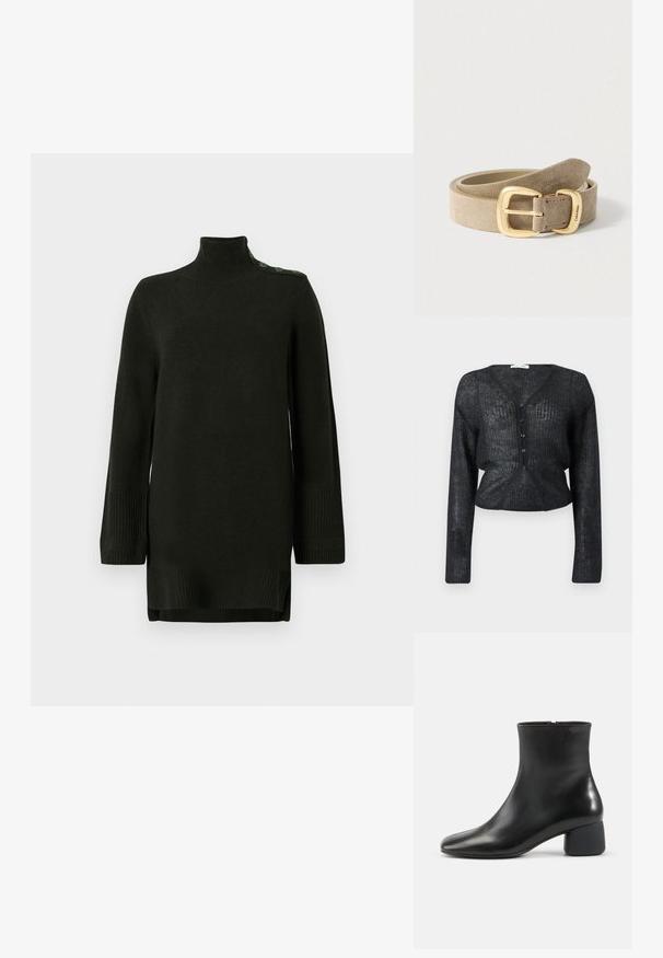 Sort, strikket cardigan med V-hals, lange ærmer og cropped pasform. Har knaplukning og tekstureret stof med en subtil glans.; Mørkegrøn striktrøje med høj hals, ribbede manchetter og sideslids. Har dekorative knapper på venstre skulder. Blød tekstur.; Sort læderankelstøvle med afrundet firkantet tå, sidelås og chunky lav hæl på ensfarvet lys baggrund.; Beige ruskindsbælte med et rektangulært spænde i guldfarve. Har en glat tekstur med præget logo og kontrasterende syningsdetaljer.