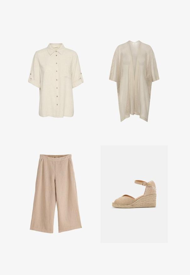 Cremefarvet cardigan med åbent front og meshstrik, korte vide ærmer og løs pasform, designet til lag-på-lag brug.; Beige linned kortærmet skjorte med knaplukning foran, der har en brystlomme og oprullede ærmer med knapdetaljer. Glat tekstur.; Beige vide bukser med elastisk taljebånd og sidelommer, lavet af letvægtsstof.; Castañer BIANCA - Espadrilles - sand
