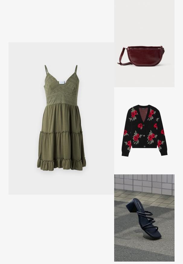 Cárdigan negro con un patrón floral de rosas rojas y hojas verdes, con escote en V y seis botones en la parte delantera.; Vestido verde oliva con detalles de encaje en el corsé, tirantes ajustables y un dobladillo con volantes en capas, hecho de una tela ligera.; Sandalia negra con punta cuadrada, tres tiras finas y tacón grueso sobre pavimento cerca de pared de azulejos.; Bolso de mano de cuero granate con forma de media luna, cierre de cremallera y una correa desmontable. Textura suave con un brillo sutil.