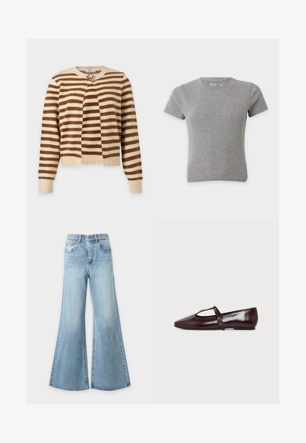 Cardigan en maille à rayures horizontales marron et beige, manches longues et col rond, fermé par un bouton au niveau du col.; T-shirt gris uni à manches courtes et col rond en coton, présenté à plat sur fond blanc.; Jean bleu clair à jambes larges en denim avec fermeture à bouton et fermeture éclair à l'avant, passants de ceinture et poches avant, présenté sur un fond uni.; Chaussure plate en cuir bordeaux foncé avec un bout pointu et une fine bride en T avec une boucle argentée sur fond blanc.
