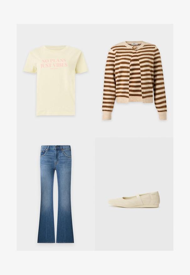 Cardigan en maille à rayures horizontales marron et beige, manches longues et col rond, fermé par un bouton au niveau du col.; T-shirt jaune clair à manches courtes avec un texte rose disant "NO PLANS JUST VIBES" et un plus petit "PEPE JEANS" sous le texte.; Jean en denim bleu taille haute, avec poches avant, fermeture à bouton et glissière, et jambes évasées.; Ballerines beiges avec une exterior en cuir lisse, un bout en forme d'amande et une sangle élastique sur le coup de pied, avec des détails de couture subtils.