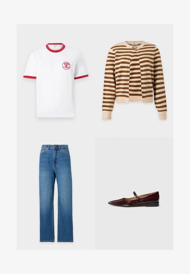 Cardigan en maille à rayures horizontales marron et beige, manches longues et col rond, fermé par un bouton au niveau du col.; T-shirt blanc à manches courtes avec col et bordures de manches rouges, avec un petit logo circulaire rouge "JOOP! Jeans" sur la poitrine gauche.; Jean en denim bleu coupe droite, taille haute, bouton sur le devant, fermeture éclair et design à cinq poches sur fond blanc.; Ballerines en cuir verni bordeaux de type Mary Jane avec un bout pointu, un talon plat et une sangle décorative avec une boucle circulaire.