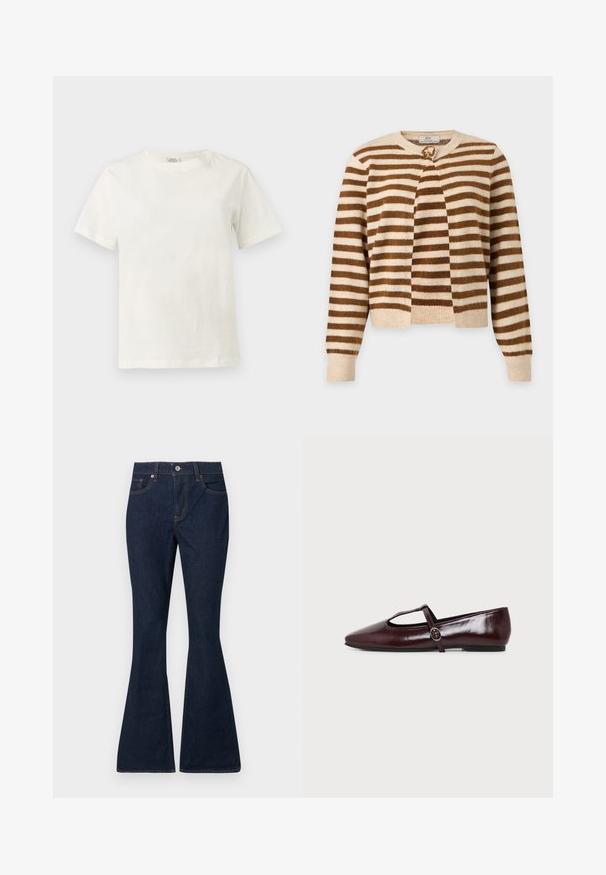 Cardigan en maille à rayures horizontales marron et beige, manches longues et col rond, fermé par un bouton au niveau du col.; T-shirt blanc en coton, manches courtes, col rond, présenté sur un fond gris clair neutre.; Jean en denim bleu foncé avec une taille haute, bouton et fermeture éclair à l'avant, style classique à cinq poches, et jambes évasées.; Chaussure plate en cuir bordeaux foncé avec un bout pointu et une fine bride en T avec une boucle argentée sur fond blanc.