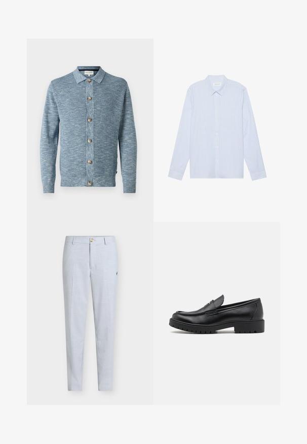 Cárdigan de punto azul claro con un patrón texturizado, que presenta un cierre frontal con botones y botones de madera, mangas largas y un cuello clásico.; Camisa de botones de manga larga a rayas azul claro. Con un cuello tradicional, botones blancos y una suave mezcla de algodón.; Pantalones azul claro de tela texturizada, con pierna recta, cierre de botón y un pequeño diseño bordado en el lateral.; Mocasines de cuero negro con punta redondeada, diseño sin cordones y suela de goma gruesa con agarre texturizado. Tacón elevado y detalles de costura sutiles.