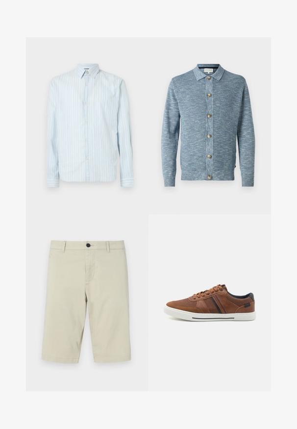 Cárdigan de punto azul claro con un patrón texturizado, que presenta un cierre frontal con botones y botones de madera, mangas largas y un cuello clásico.; Camisa de botones azul claro con rayas blancas verticales, cuello clásico, mangas largas y dos detalles de botón en las mangas.; Pantalones cortos color beige, hechos de una mezcla de algodón ligera, con un frente plano, trabillas para cinturón, cierre de botón y dobladillo a la altura de la rodilla.; Zapatillas de piel marrón con una textura suave, suela de goma blanca, acentos negros y costuras decorativas con franjas laterales.