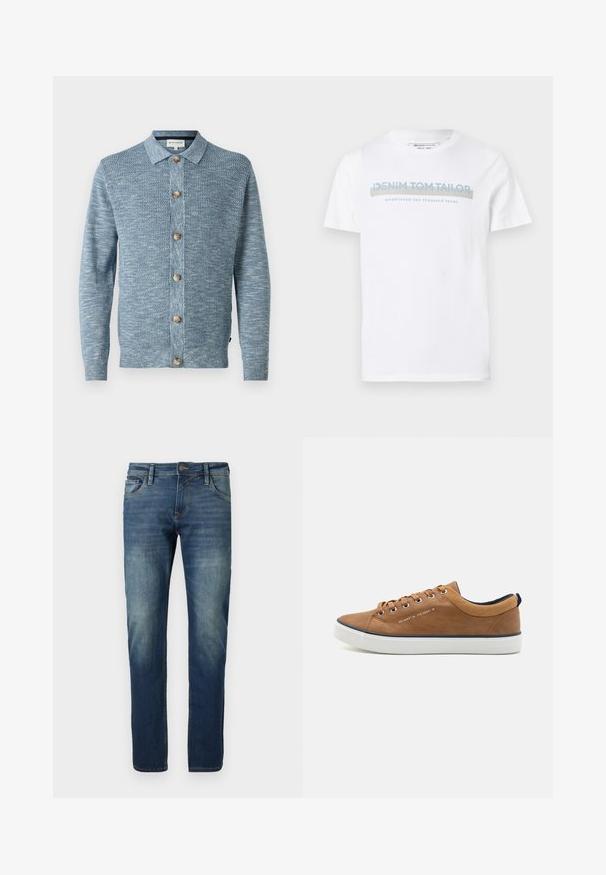 Lyseblå strikket cardigan med et struktureret mønster, med knaplukning foran og træknapper, lange ærmer og klassisk krave.; Hvid bomulds T-shirt med rund halsudskæring, korte ærmer og et blåt grafisk tekstdesign, der siger "DENIM TOM TAILOR etableret 2007."; Blå denimjeans med lige ben, slidt fordybning, kontraststing, fem lommer og en knaplukning.; Brune lædersneakers med rund tå, hvid sål og marineblå accenter. Har metaløjer og en tekstureret krave.