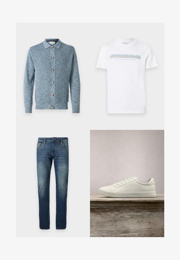 Lyseblå strikket cardigan med et struktureret mønster, med knaplukning foran og træknapper, lange ærmer og klassisk krave.; Hvid bomulds T-shirt med rund halsudskæring, korte ærmer og et blåt grafisk tekstdesign, der siger "DENIM TOM TAILOR etableret 2007."; Blå denimjeans med lige ben, slidt fordybning, kontraststing, fem lommer og en knaplukning.; Hvide snørresneakers svævende over en træbænk med grønne planter i baggrunden, der fremhæver skodesign og tekstur.
