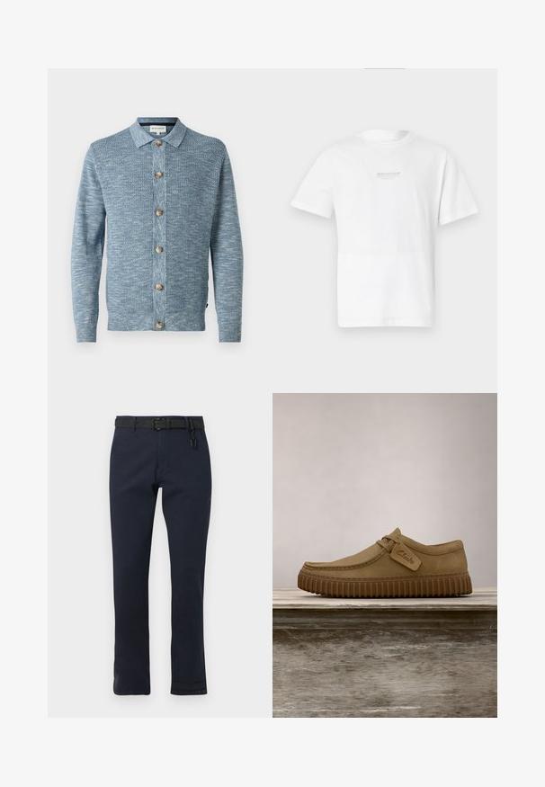 Lyseblå strikket cardigan med et struktureret mønster, med knaplukning foran og træknapper, lange ærmer og klassisk krave.; Hvid bomulds t-shirt med korte ærmer, rund hals og et simpelt trykt logo på fronten. Glat tekstur og standard pasform.; Mørkeblå bukser med lige snit, konstrueret af slidstærkt stof. Har et sort bælte og et enkelt design uden mønstre.; Lysebrune ruskindsko med rund tå, syet detaljer og en ribbet brun gummisål. Har et sidemærke med "Clarks" logo.