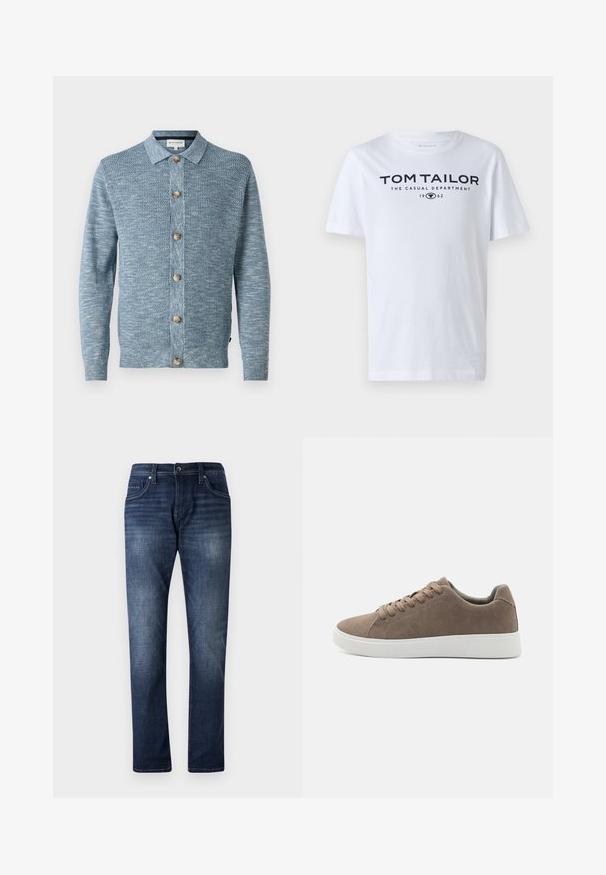 Lyseblå strikket cardigan med et struktureret mønster, med knaplukning foran og træknapper, lange ærmer og klassisk krave.; Hvid bomulds t-shirt med rund hals, korte ærmer og navy tekst, der læser "TOM TAILOR THE CASUAL DEPARTMENT 1962."; Mørkeblå denimjeans med lige ben design, der har en falmet vask, fem lommer og synlige stikninger langs sømmene.; Brune ruskinds sneakers med flade hvide gummisåler, snørelukning, rund tå og en glat overflade. Minimalistisk stil med diskrete syninger.