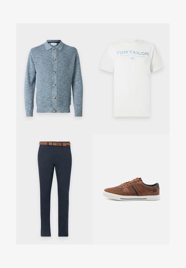 Lyseblå strikket cardigan med et struktureret mønster, med knaplukning foran og træknapper, lange ærmer og klassisk krave.; Hvid bomulds-T-shirt med et lyseblåt print med teksten "TOM TAILOR," "THE CASUAL DEPARTMENT" og "1962." Klassisk rund halsudskæring og korte ærmer.; Mørkeblå chinos lavet af bomuld med en glat tekstur. Har et brunt ruskindsbælte med spænde og lige ben-design.; Brune lædersneakers med en glat overflade, hvid gummisål, sorte accenter og dekorativ syning med sidelæg.