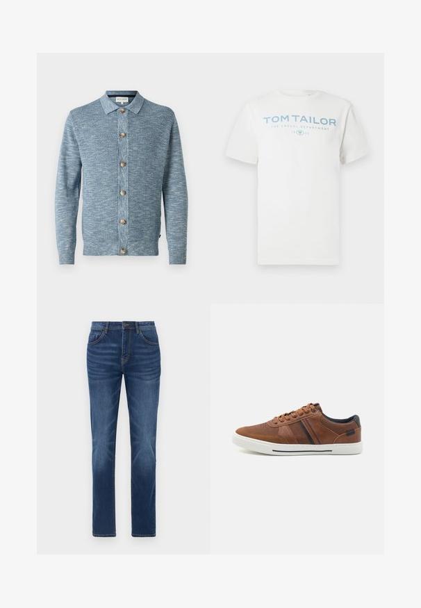 Lyseblå strikket cardigan med et struktureret mønster, med knaplukning foran og træknapper, lange ærmer og klassisk krave.; Hvid bomulds-T-shirt med et lyseblåt print med teksten "TOM TAILOR," "THE CASUAL DEPARTMENT" og "1962." Klassisk rund halsudskæring og korte ærmer.; Mørkeblå denimjeans med en klassisk lige pasform, fem-lomme design og let falmede detaljer på benene. Har knap- og lynlåslukning.; Brune lædersneakers med en glat overflade, hvid gummisål, sorte accenter og dekorativ syning med sidelæg.