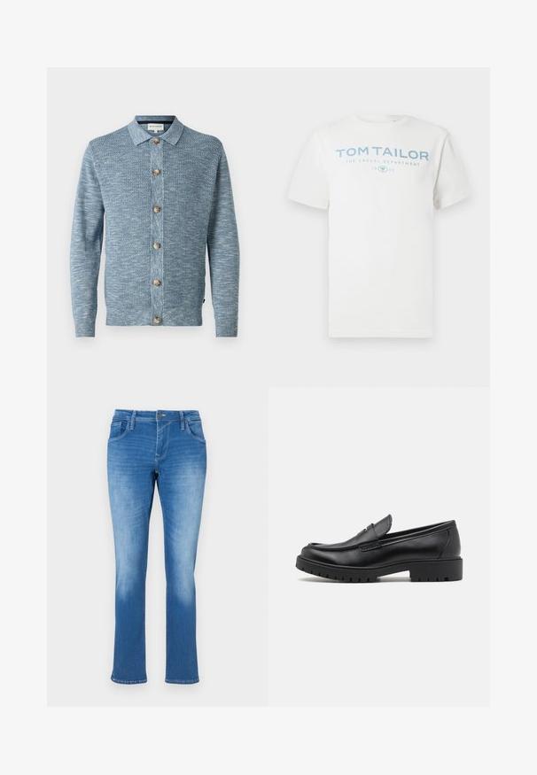 Lichtblauwe gebreide cardigan met een gestructureerd patroon, voorzien van een knoopsluiting aan de voorkant en houten knopen, lange mouwen en een klassieke kraag.; Wit katoenen t-shirt met een lichtblauwe opdruk met de tekst "TOM TAILOR," "THE CASUAL DEPARTMENT" en "1962." Klassieke ronde hals en korte mouwen.; Blauwe denim jeans met een rechte pijp, uitgerust met vijf zakken, een ritssluiting en contrasterende stiksels. De stof heeft een gemiddelde wassing met vervaging.; Zwarte leren instappers met een ronde neus, slip-on ontwerp en dikke rubberen zool met een gestructureerde grip. Verhoogde hak en subtiele stikdetails.