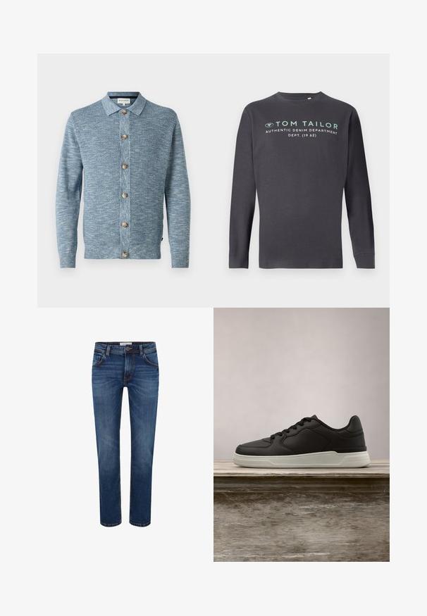 Lyseblå strikket cardigan med et struktureret mønster, med knaplukning foran og træknapper, lange ærmer og klassisk krave.; TOM TAILOR PRINTED - Langærmet T-shirt - tarmac grey; Mørkeblå denim jeans med lige ben, fem lomme-design og kontraststing. Standard talje med knaplukning.; Sort sneaker med hvid sål hængende over en træbænk, grønne blade i den slørede baggrund.