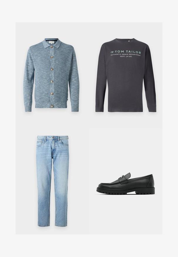 Hellblau gestrickte Strickjacke mit einem strukturierten Muster, mit einem knöpfbaren Vorderteil und Holzknöpfen, langen Ärmeln und klassischem Kragen.; TOM TAILOR PRINTED - Langarmshirt - tarmac grey; Hellblaue Jeans aus Denim mit geradem Bein, Fünf-Taschen-Design, ausgewaschenem Stoff und klassischem Knopf- und Reißverschluss.; Schwarze Lederloafer mit runder Zehenform, ausgestattet mit einem gesteppten Design, niedrigem Plattformsohle und einer strukturierten, genoppten Gummisohle.